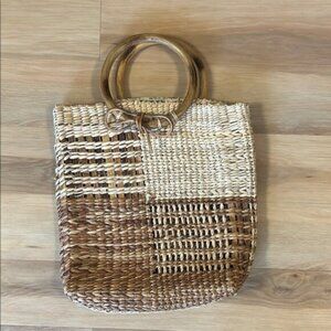 Two-Tone Woven Tote Bag with Wooden Handles